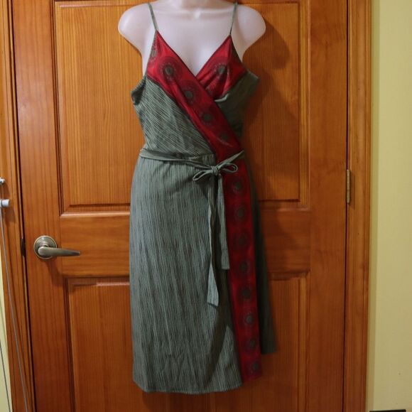 BCBGMaxAzria Red and Green Y2K Boho Hippie Wrap Sundress LG - Picture 12 of 13